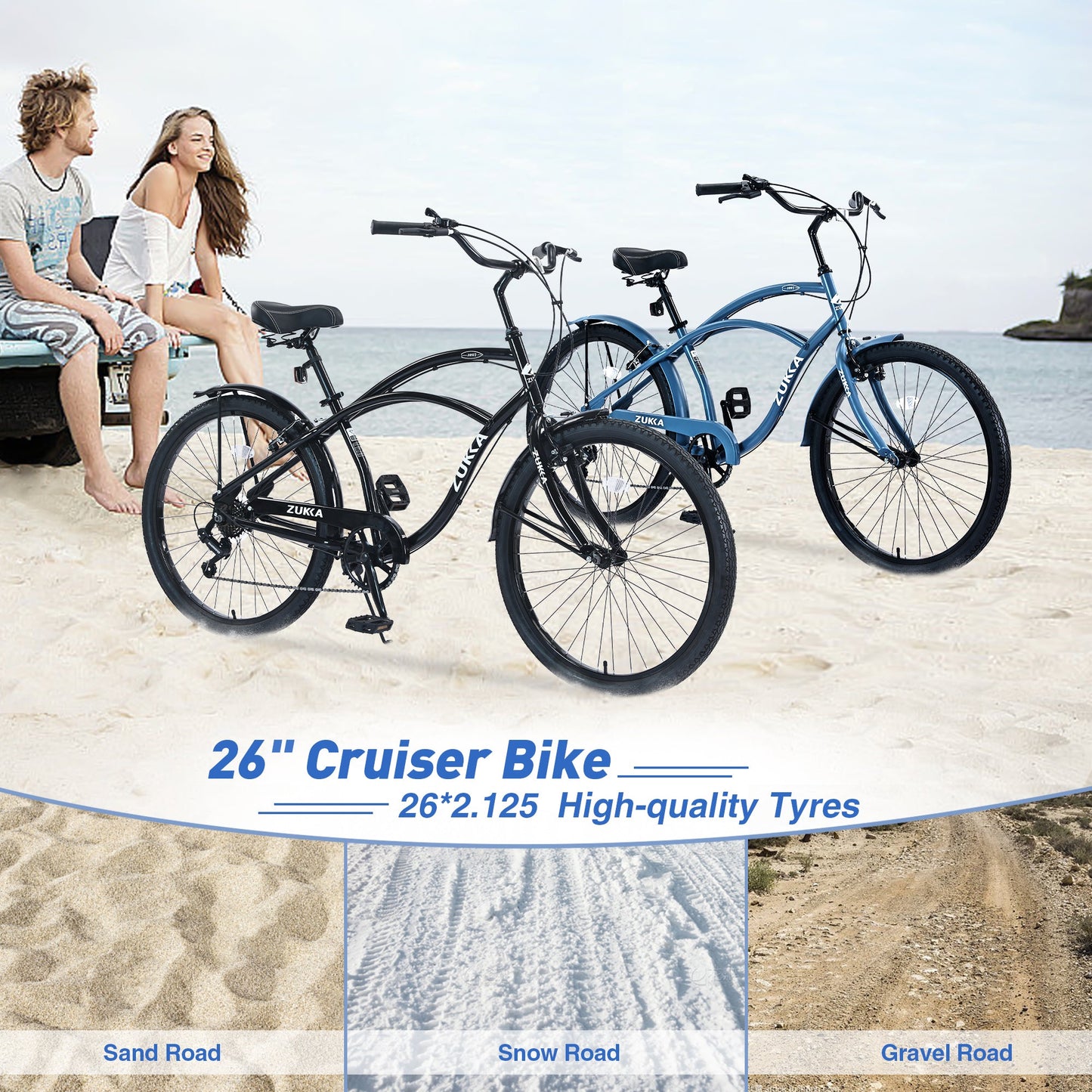 7 Speed Bicycles, Multiple Colors 26'Inch Beach Cruiser Bike