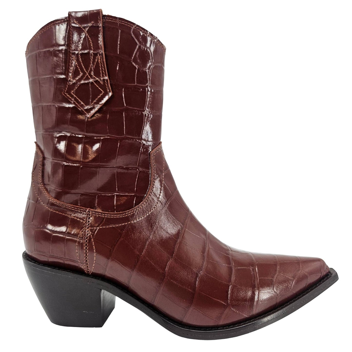 Chocolate Leather Croc Embossed Pointy Ankle Boot