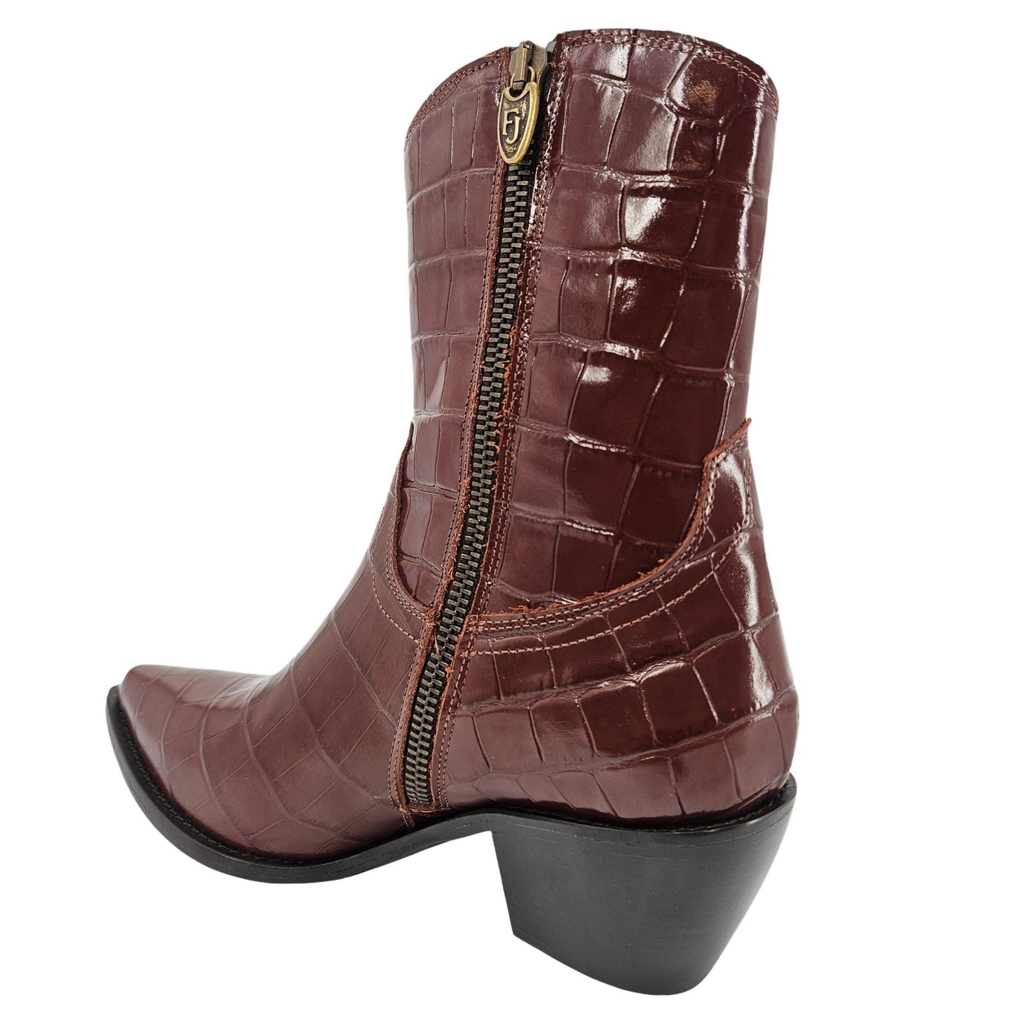 Chocolate Leather Croc Embossed Pointy Ankle Boot