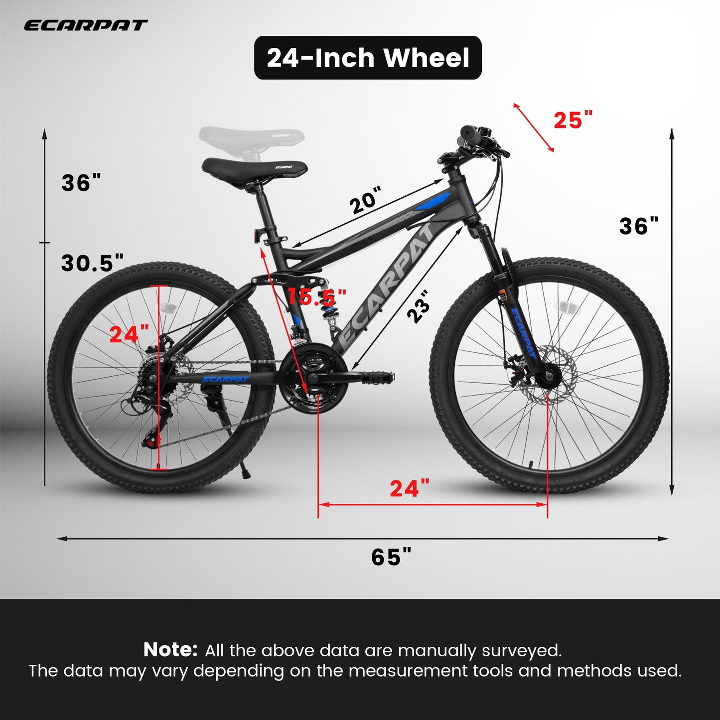 A2460 24 Inch Mountain Bike with Full Suspension, 21 Speed Shifter Lever with Gear Indicator, High Carbon Steel Frame, Mechanical Disc Brakes, Unisex for Men/Women/ Adults, Ideal for Trails.