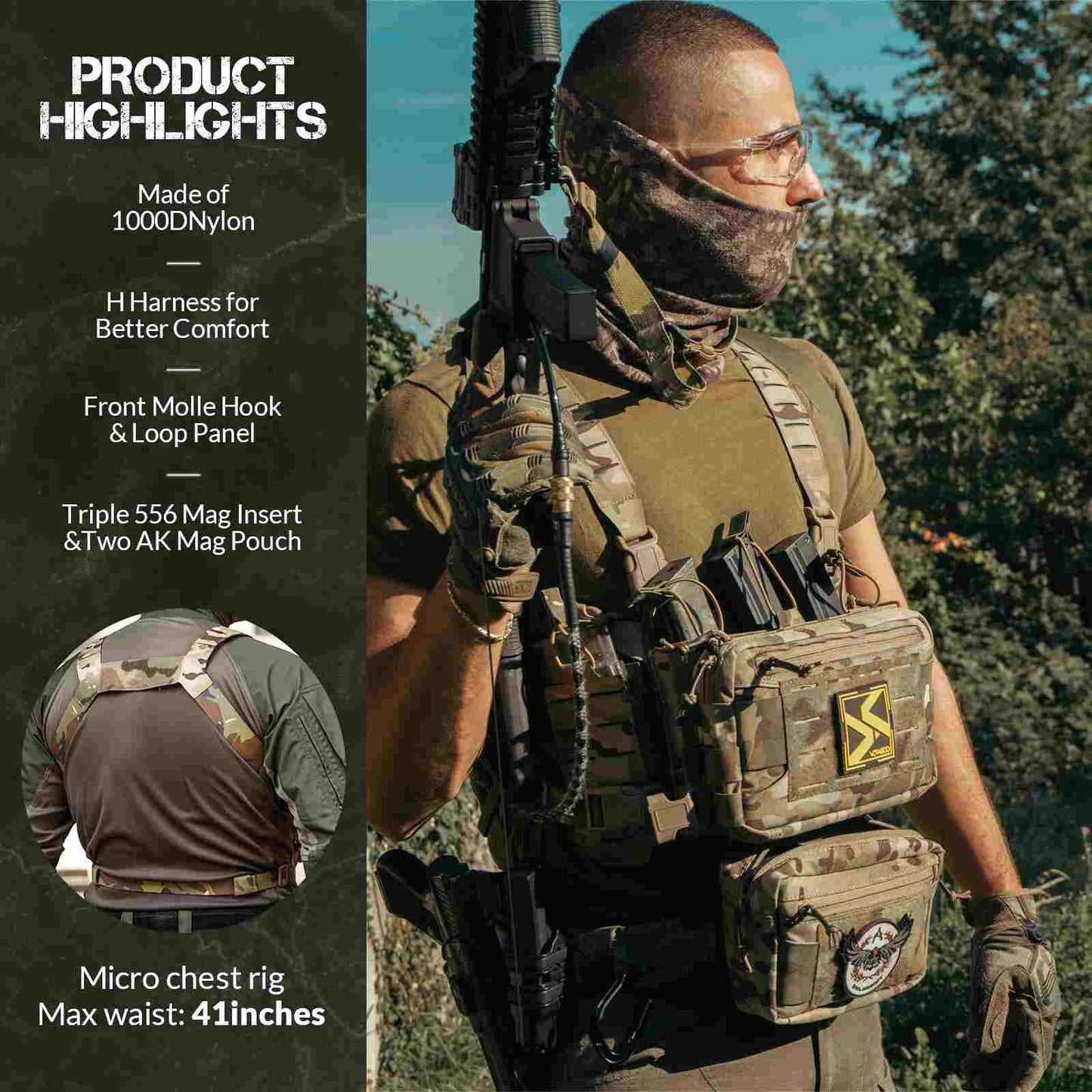 Votagoo Tactical Chest Rig,Molle Modular Micro Fight Chest Rigs Adjustable&Detachable with 5.56/7.62 Magazine Pouch