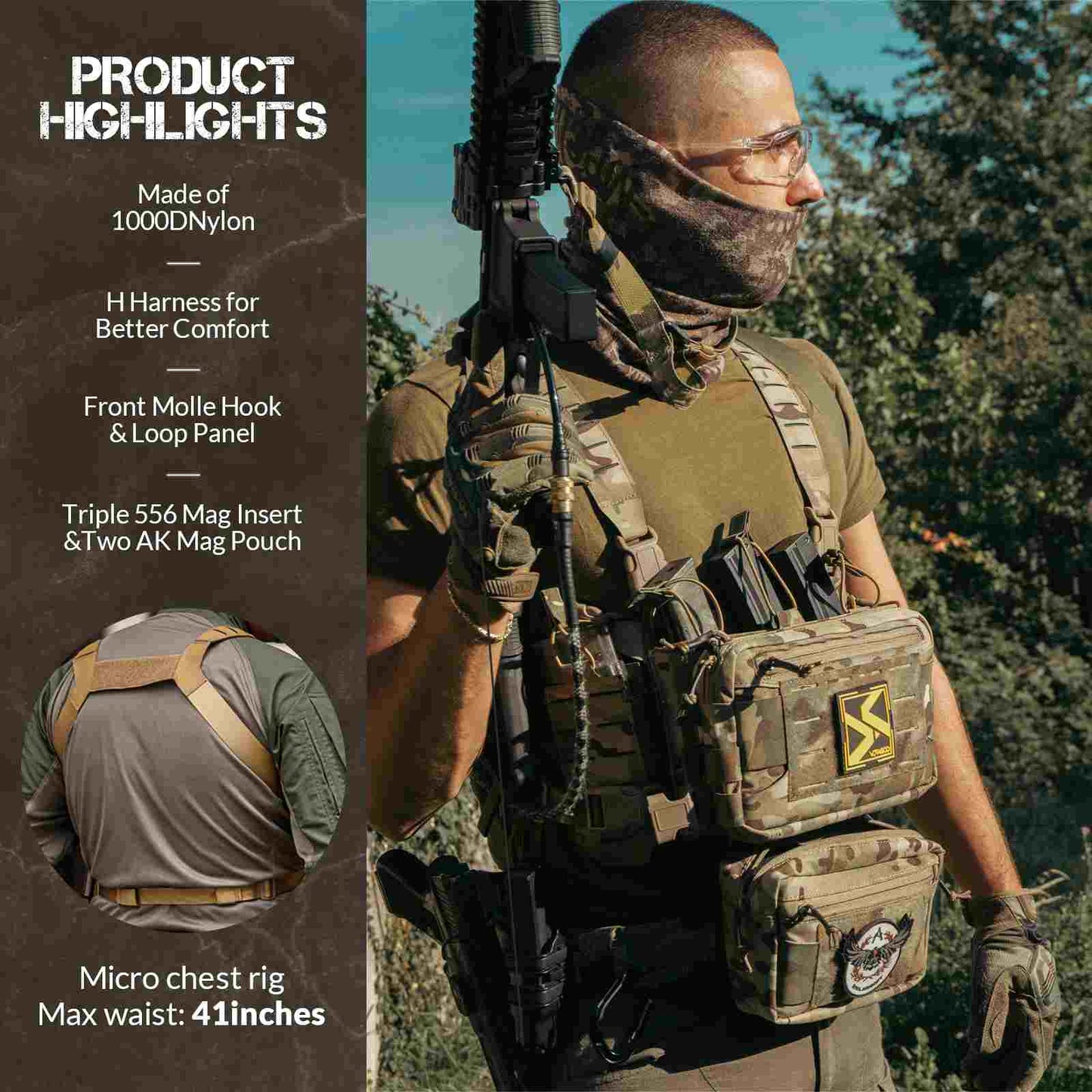 Votagoo Tactical Chest Rig,Molle Modular Micro Fight Chest Rigs Adjustable&Detachable with 5.56/7.62 Magazine Pouch