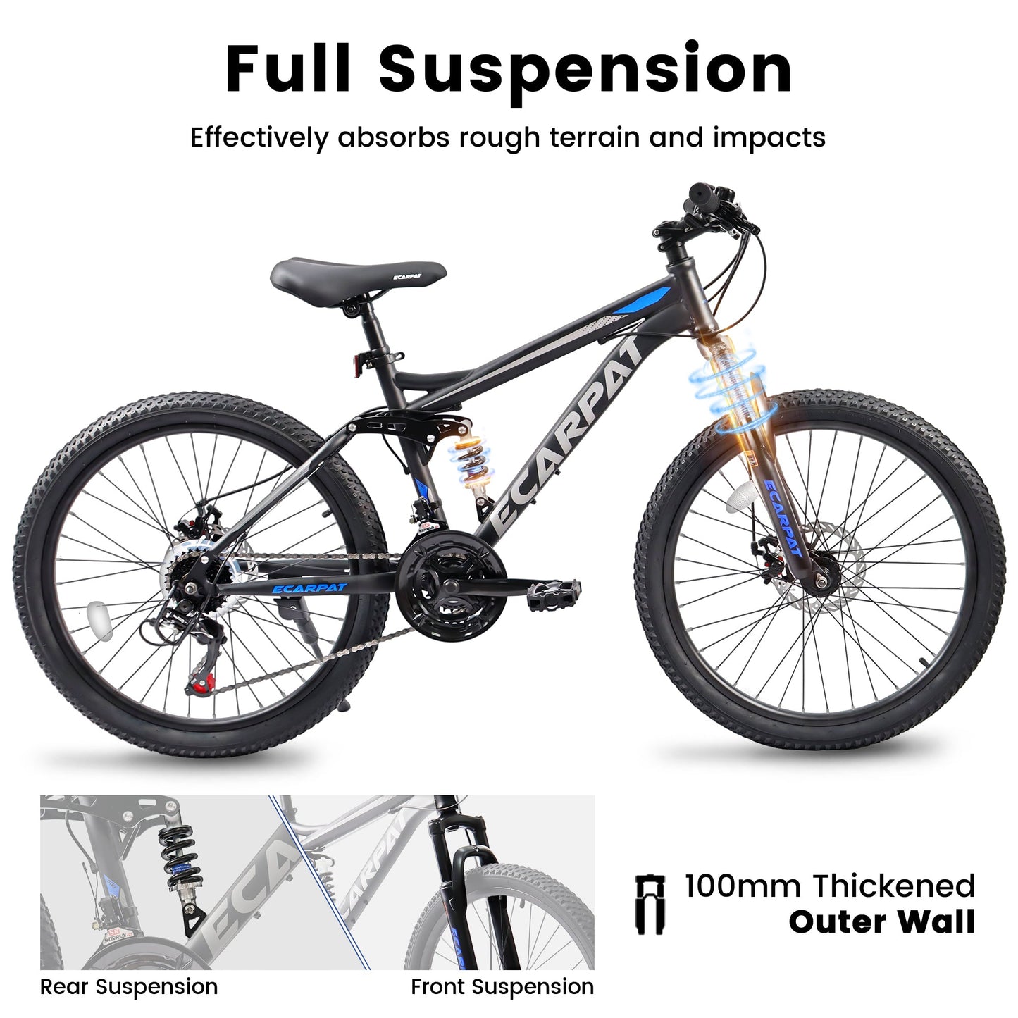 A2460 24 Inch Mountain Bike with Full Suspension, 21 Speed Shifter Lever with Gear Indicator, High Carbon Steel Frame, Mechanical Disc Brakes, Unisex for Men/Women/ Adults, Ideal for Trails.