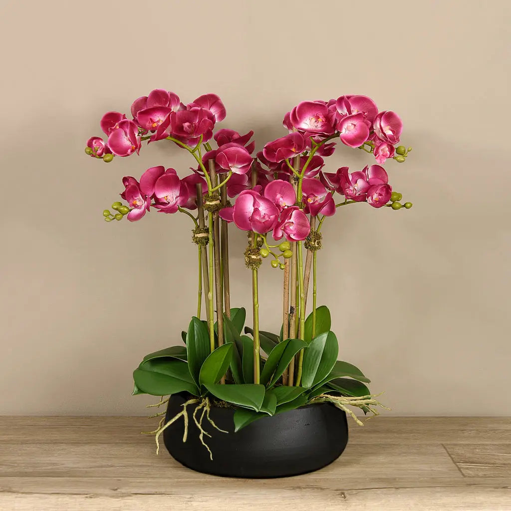 Artificial Floral Arrangement Centerpiece With Pink Orchids in Black Planter