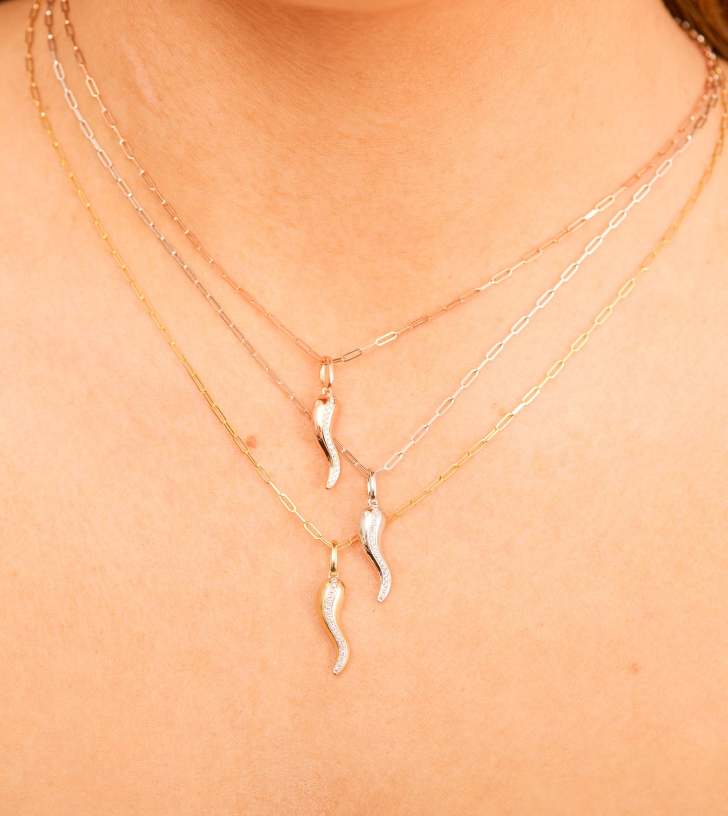 Diamond Line Italian Horn Cornicello Necklace