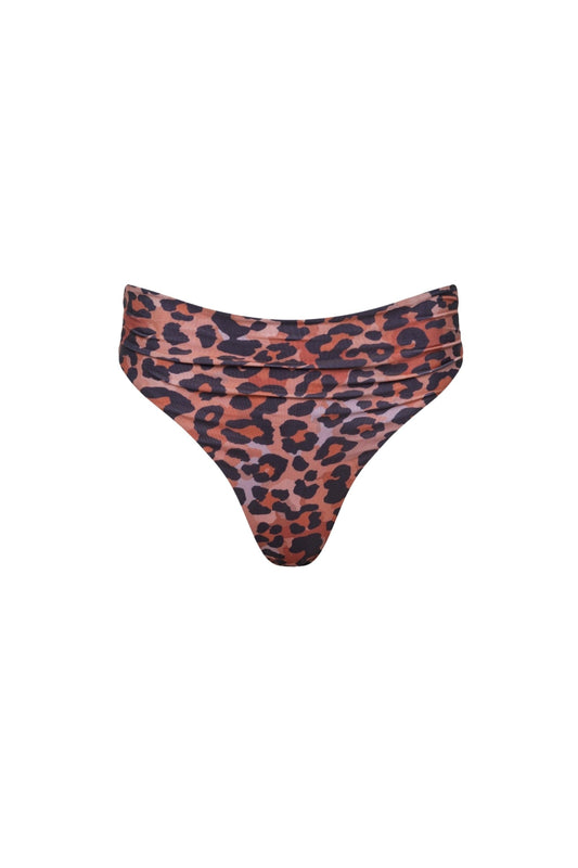 Capri Ruched High Waist Thong Bikini Bottom Leopard