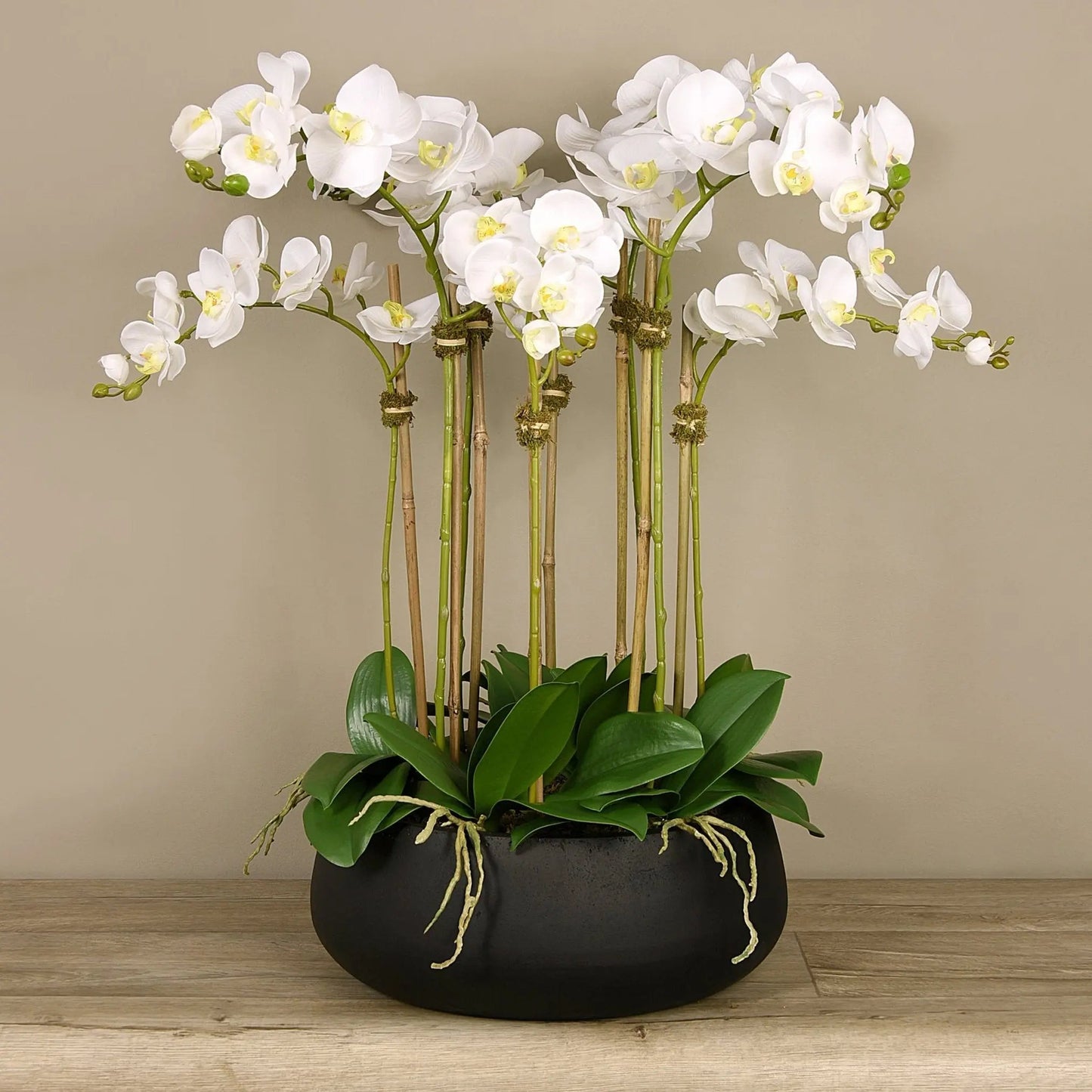 Faux White Orchid Arrangement in Matte Black Planter