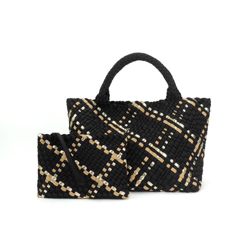 The Charli | Large Woven Neoprene Tote with Wristlet | Onyx with Mocha Stripe