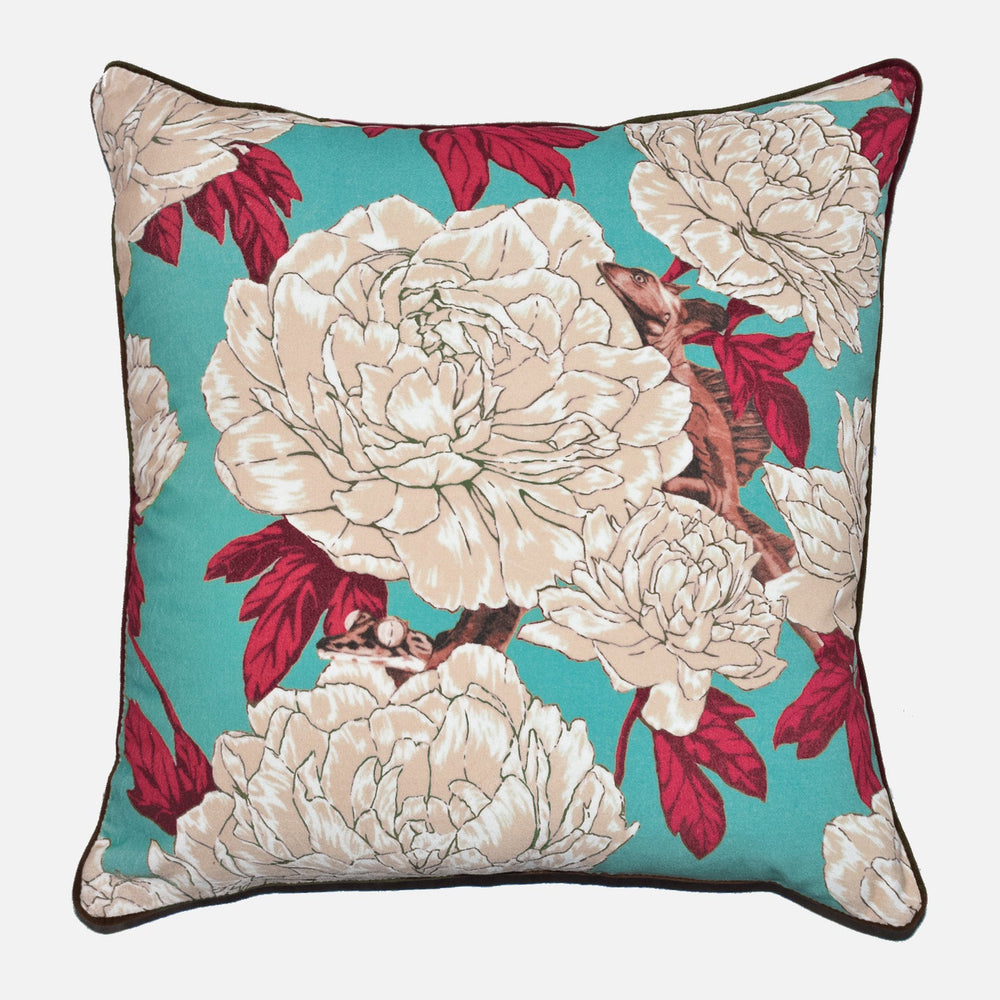 Lizards and Peonies Cushion - Turquoise