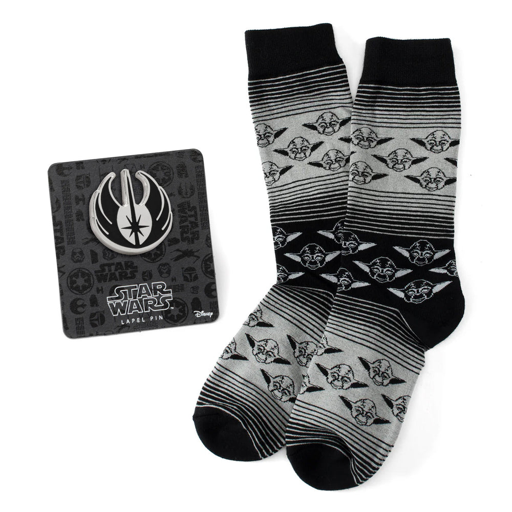 Star Wars Yoda Gray and Black Ombre Pattern Dress Socks with Jedi Crest Lapel Pin