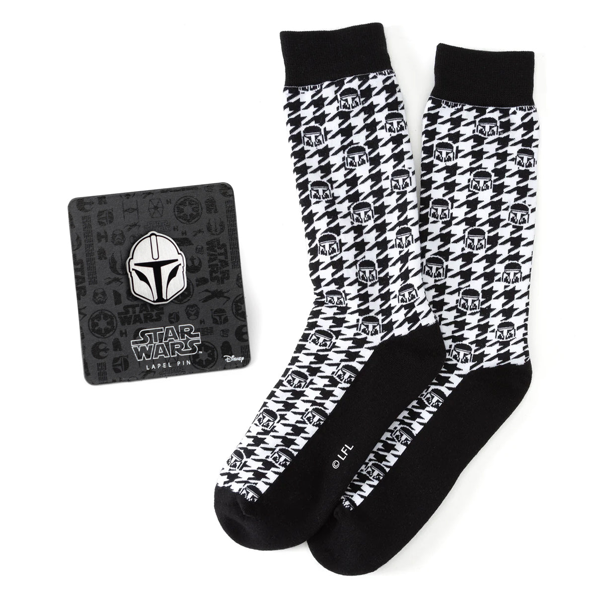 Star Wars Mandalorian Houndstooth Black and White Dress Socks and Lapel Pin Gift Set
