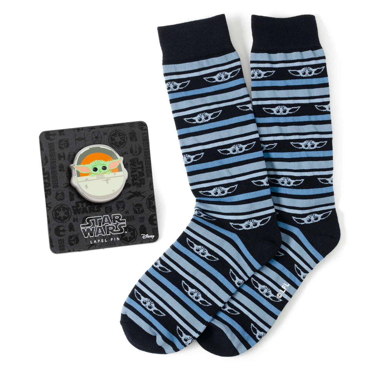 Star Wars Grogu Blue Striped Dress Socks and Lapel Pin Gift Set