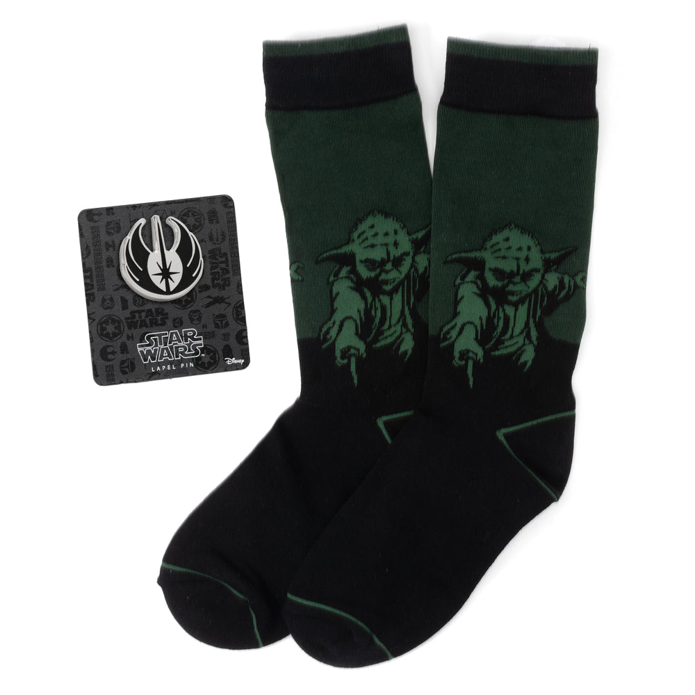 Star Wars Yoda Green Dress Socks and Jedi Order Crest Lapel Pin Gift Set