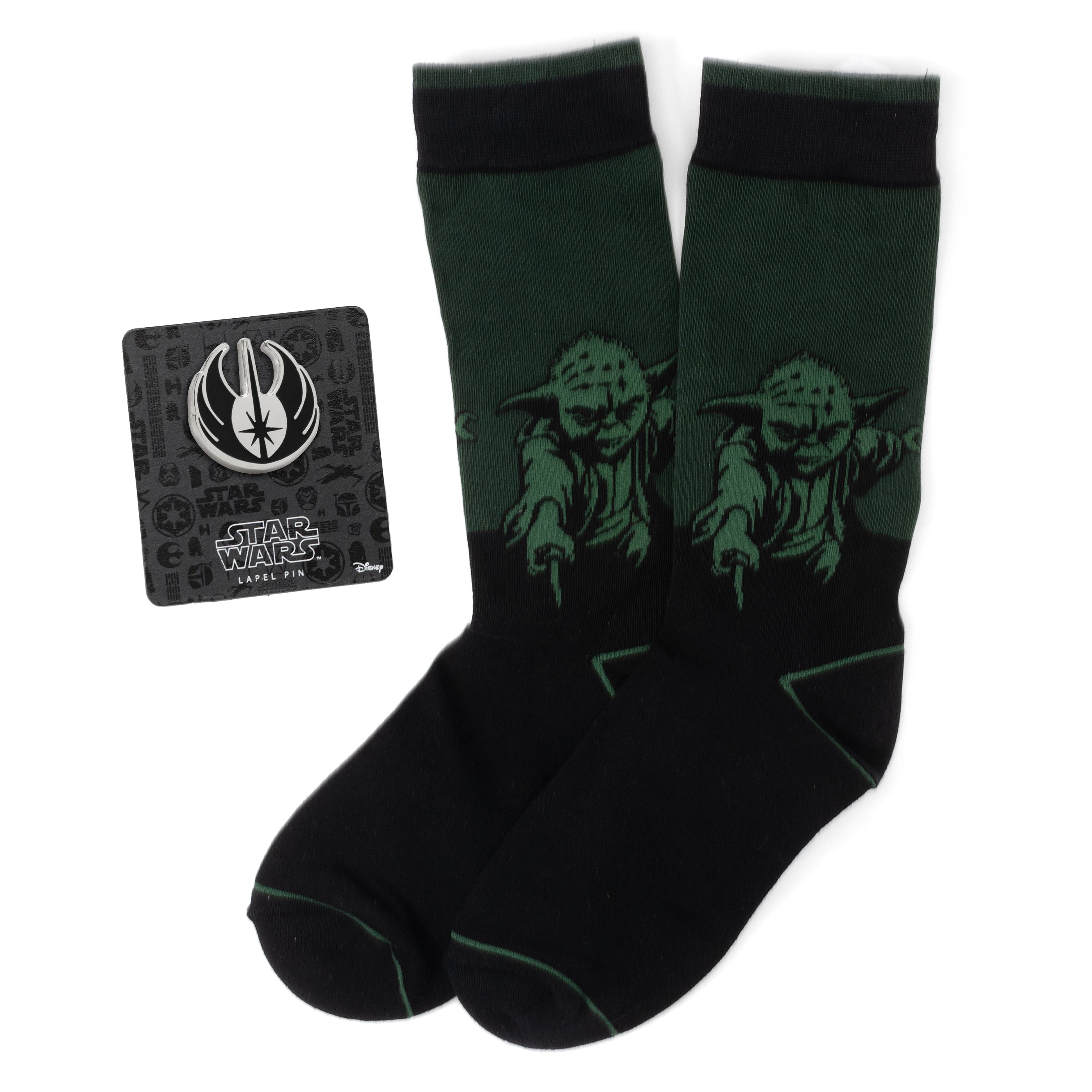 Star Wars Yoda Green Dress Socks and Jedi Order Crest Lapel Pin Gift Set
