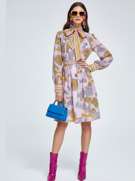 Vintage Print Mini Dress with Bowknot Collar and Colorblock For Women, Chelsea, BYMANYC New York.