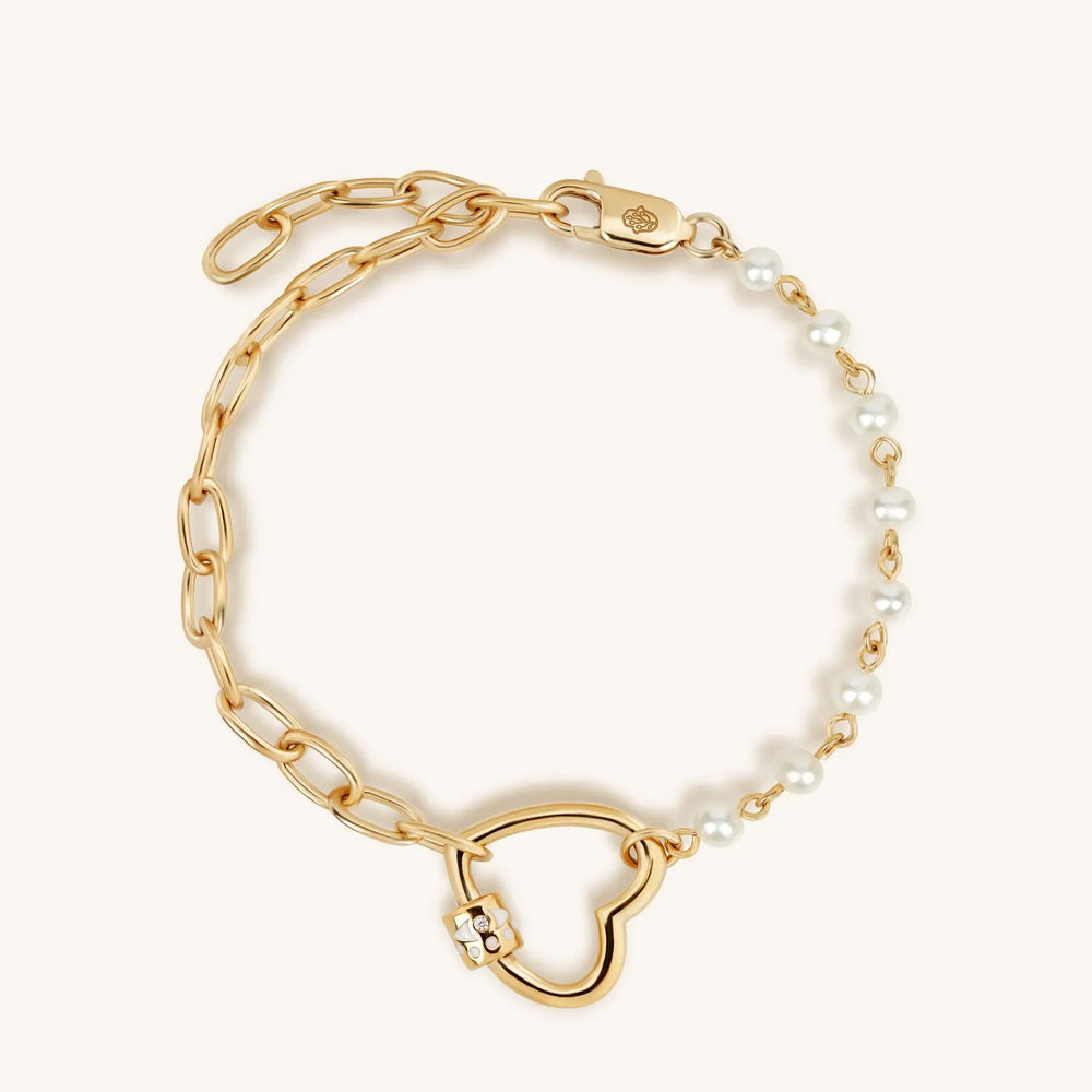 Iridescent Grace - Pearl Diamond Heart Charm Bracelet