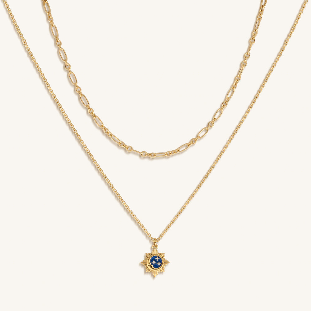 Reflected Bliss Gold Moon & Stars Double Chain Gold Necklace