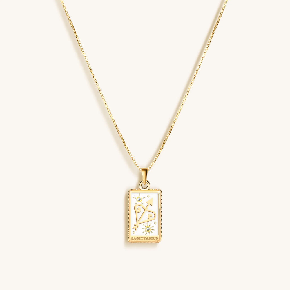 Optimistic Temperament - White Enamel Sagittarius Card Necklace