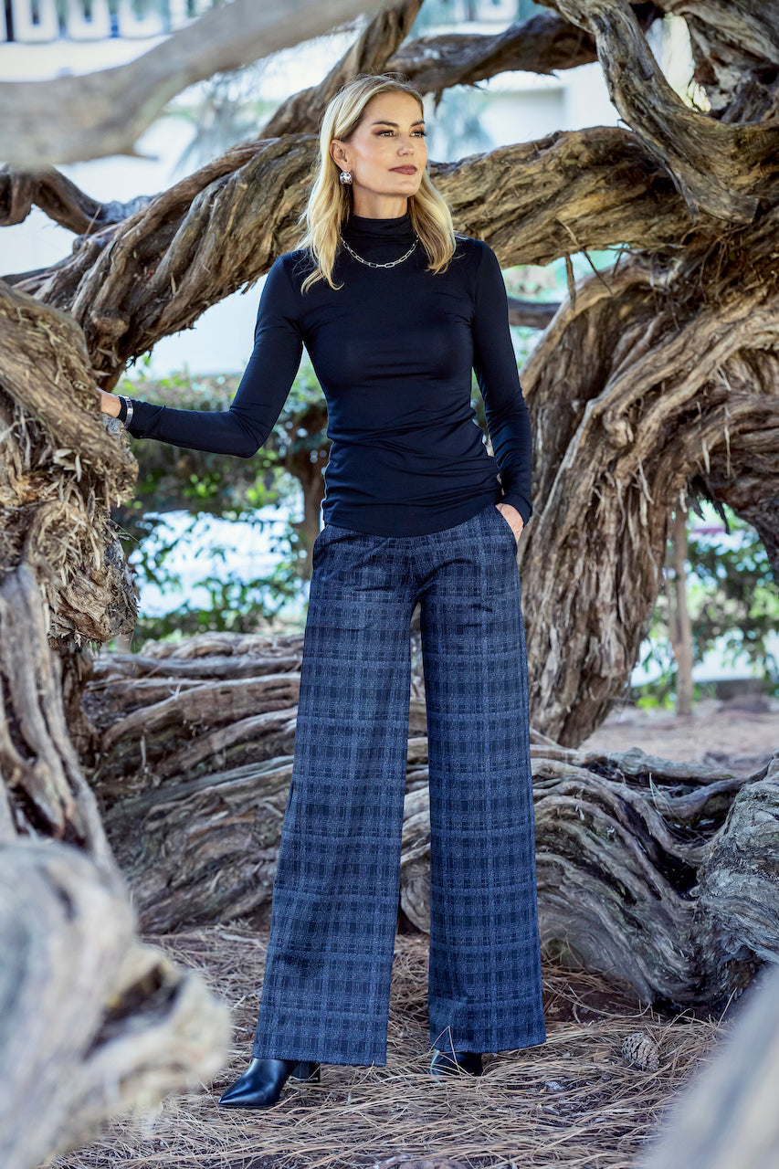 HIGH WAIST WIDE LEG PANT: CHARCOAL PLAID