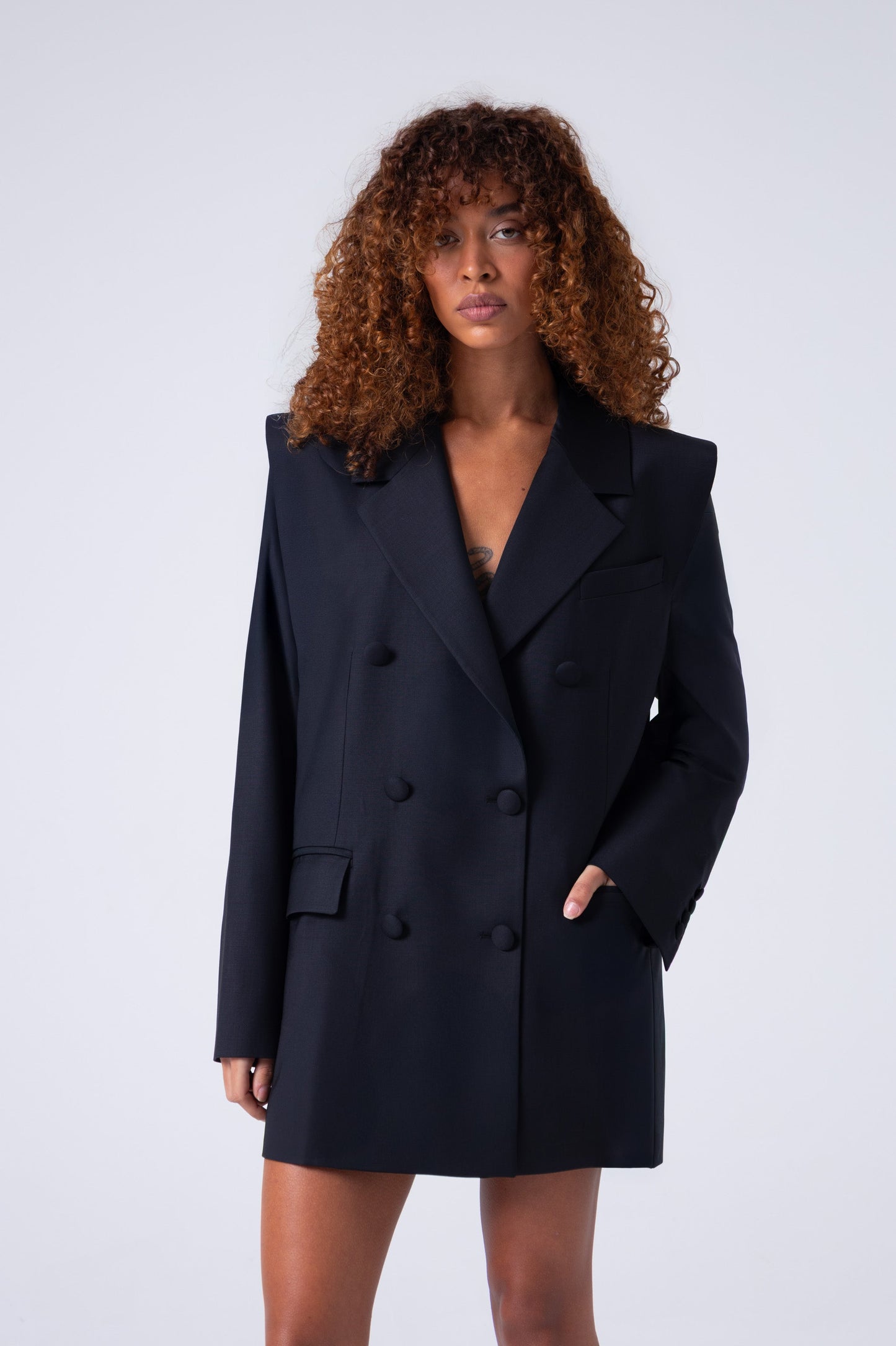 Broadway Liza Double-Breasted Virgin Wool Blazer in Deep Black