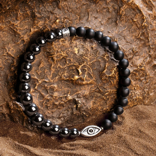 Stay Grounded - Hematite Matte Onyx Evil Eye Charm Bracelet
