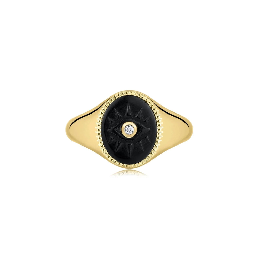 Evil Eye Signet Ring With Black Turquoise & CZ Center Stone