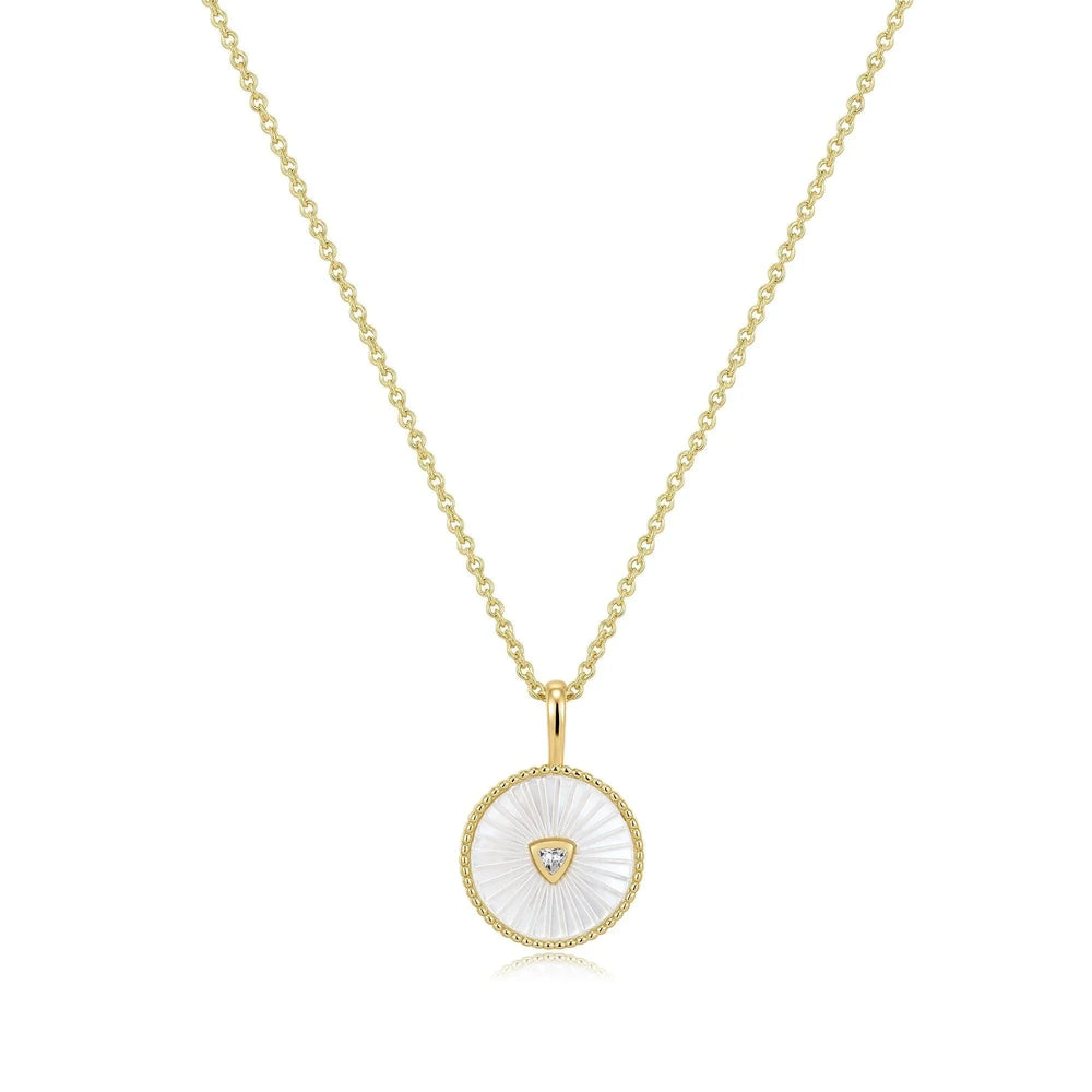 Round Mother Of Pearl Pendant With CZ Center Stone Necklace