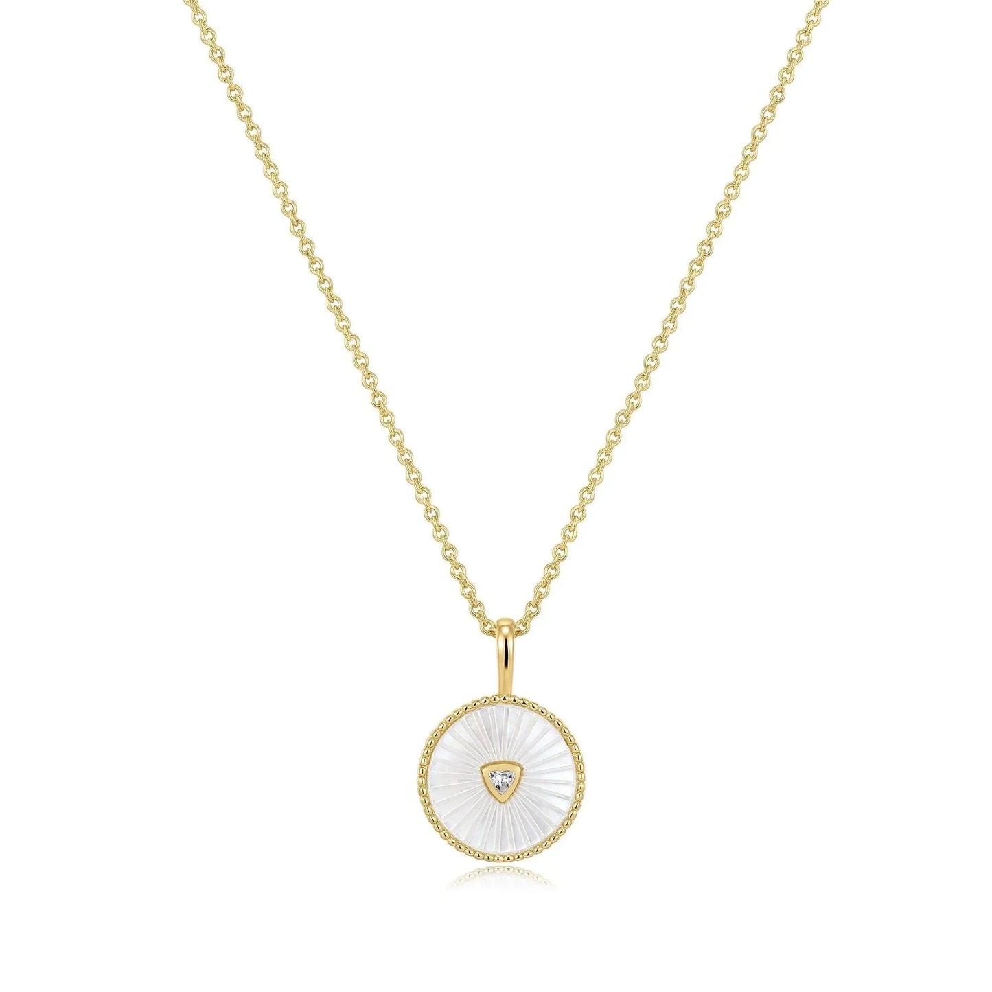 Round Mother Of Pearl Pendant With CZ Center Stone Necklace