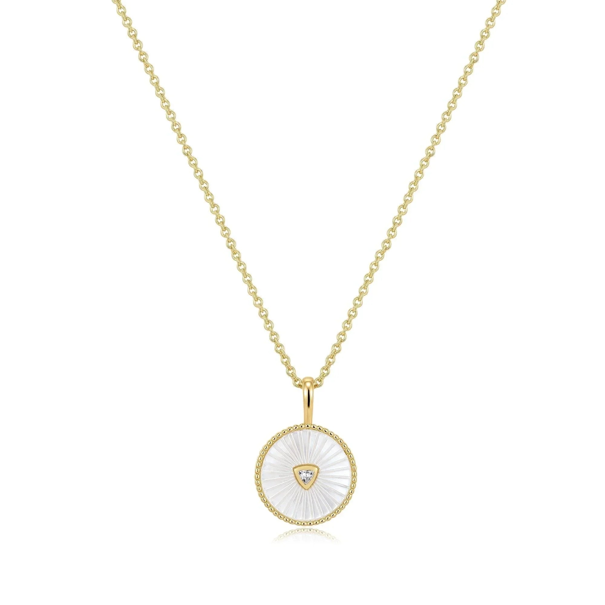 Round Mother Of Pearl Pendant With CZ Center Stone Necklace