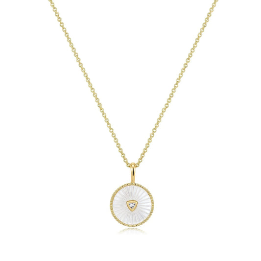Round Mother Of Pearl Pendant With CZ Center Stone Necklace