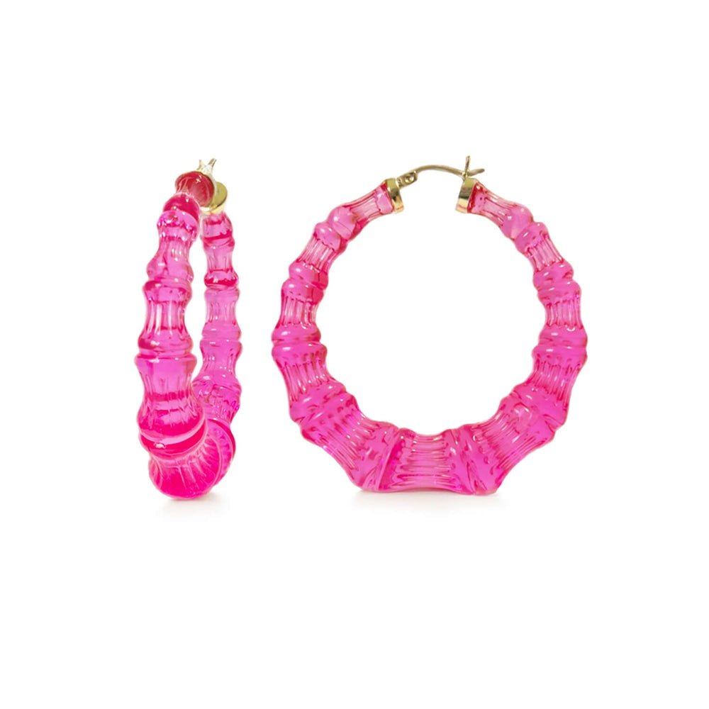 Electric Pink Lucite Bamboo Hoop Earrings
