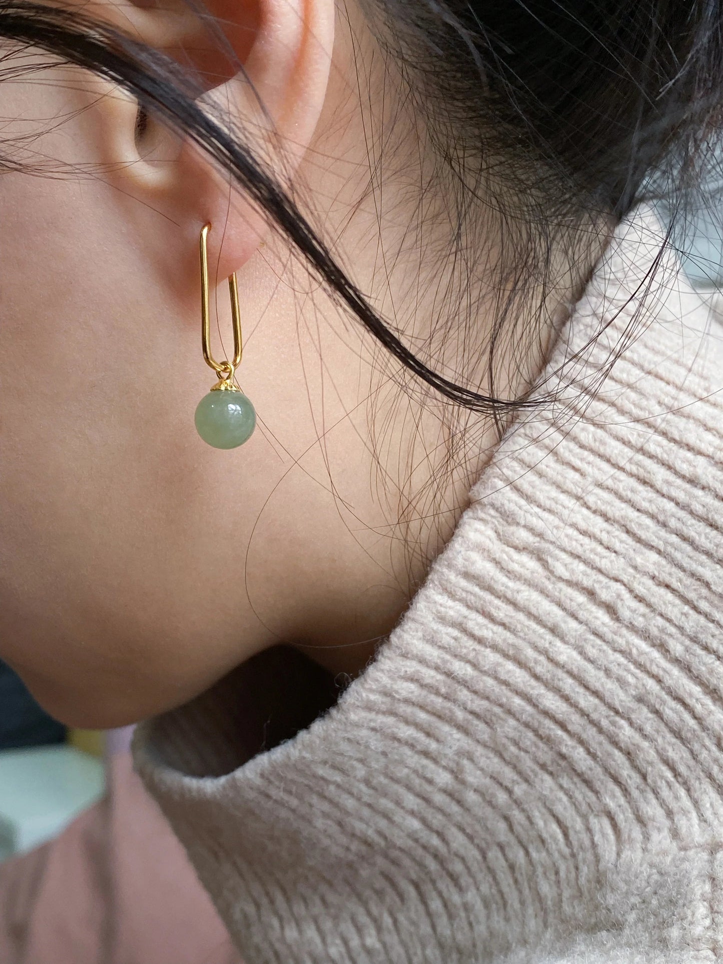 Pin — Green Jade Bead Gold Earrings