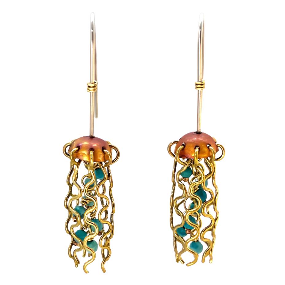 Mini Red Copper Jellyfish Earrings with Turquoise Beads and Sterling Silver Earwires
