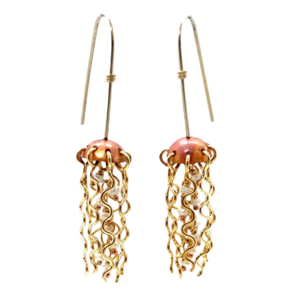 Mini Red Copper Jellyfish Earrings with White Pearls and Sterling Silver Earwires