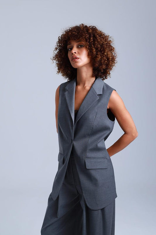 Broadway Sophia Longline Virgin Wool Waistcoat in Mid Grey