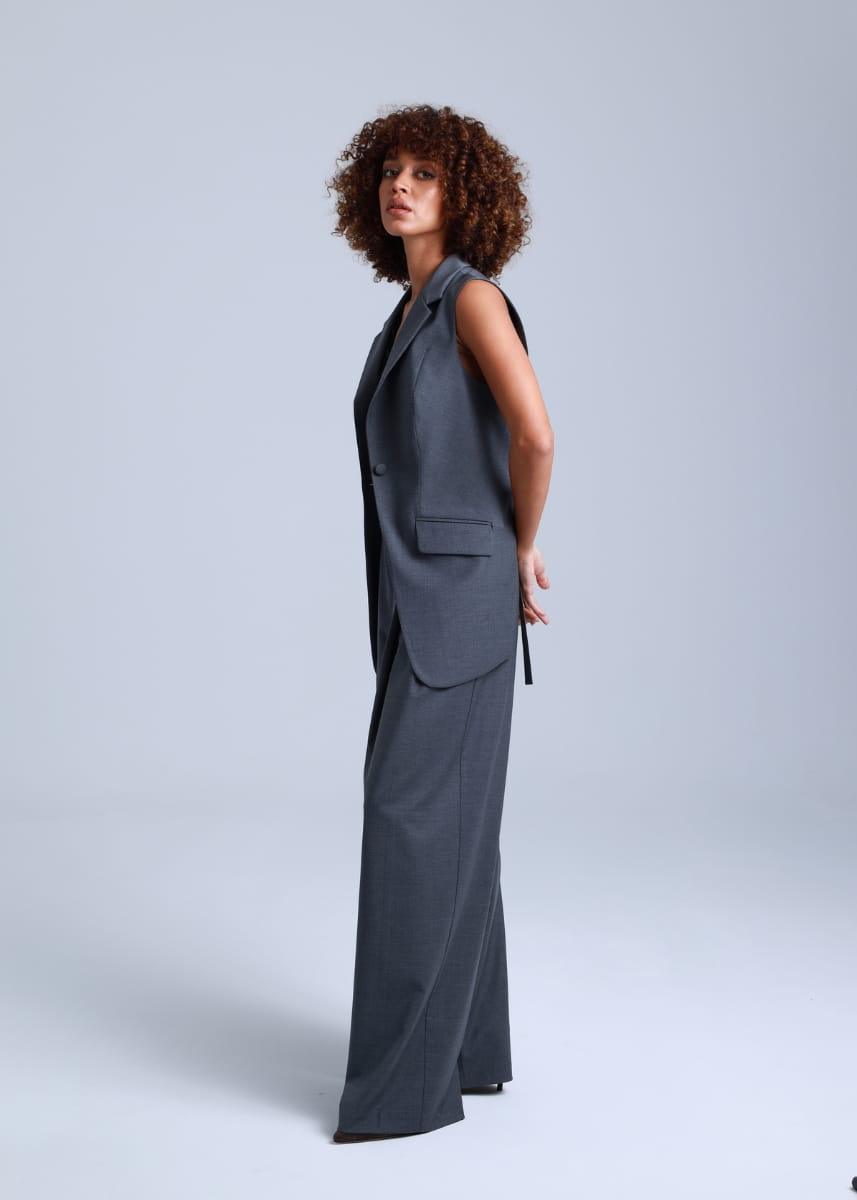 Broadway Sophia Longline Virgin Wool Waistcoat in Mid Grey