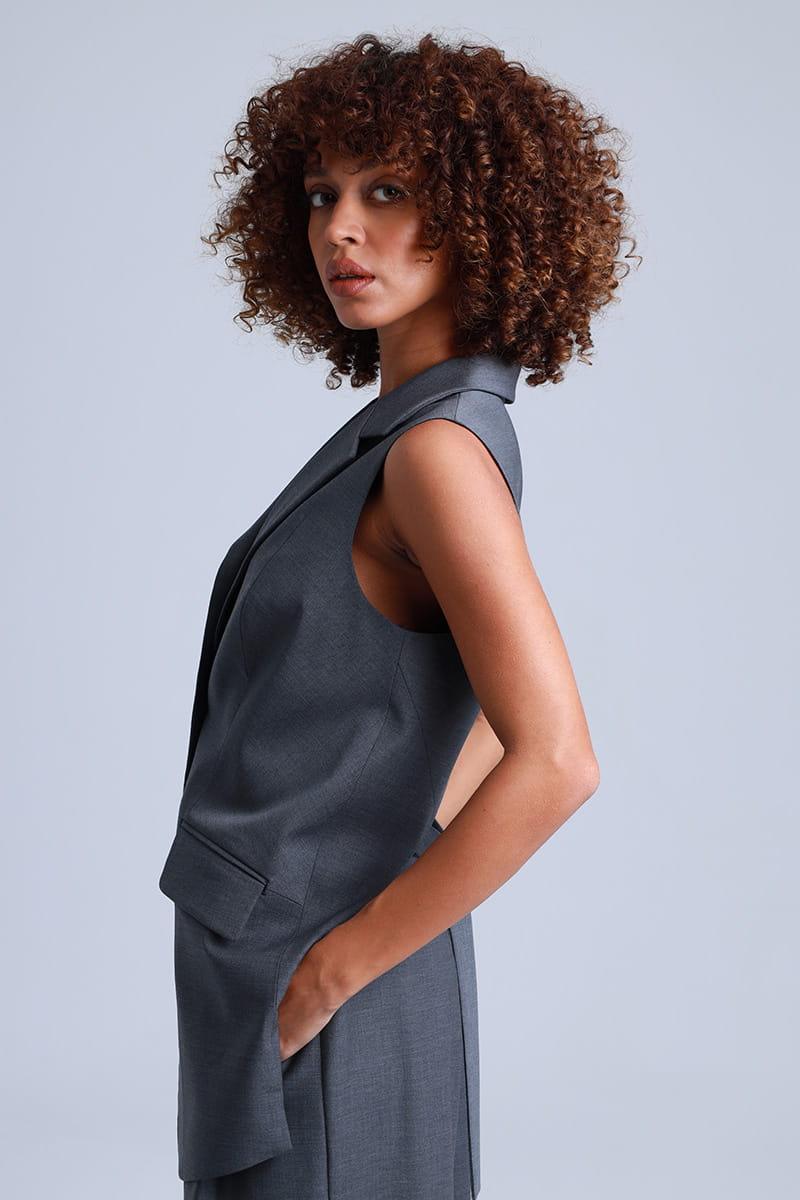 Broadway Sophia Longline Virgin Wool Waistcoat in Mid Grey