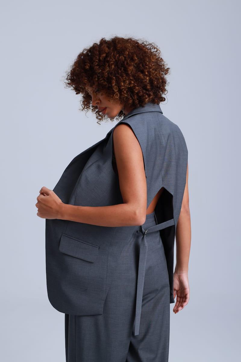 Broadway Sophia Longline Virgin Wool Waistcoat in Mid Grey