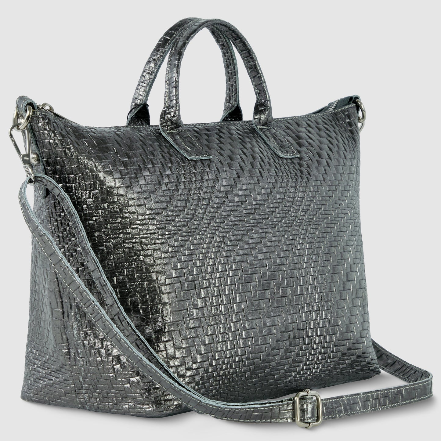 Grid Metallic Suede Leather Top-Handle Bag