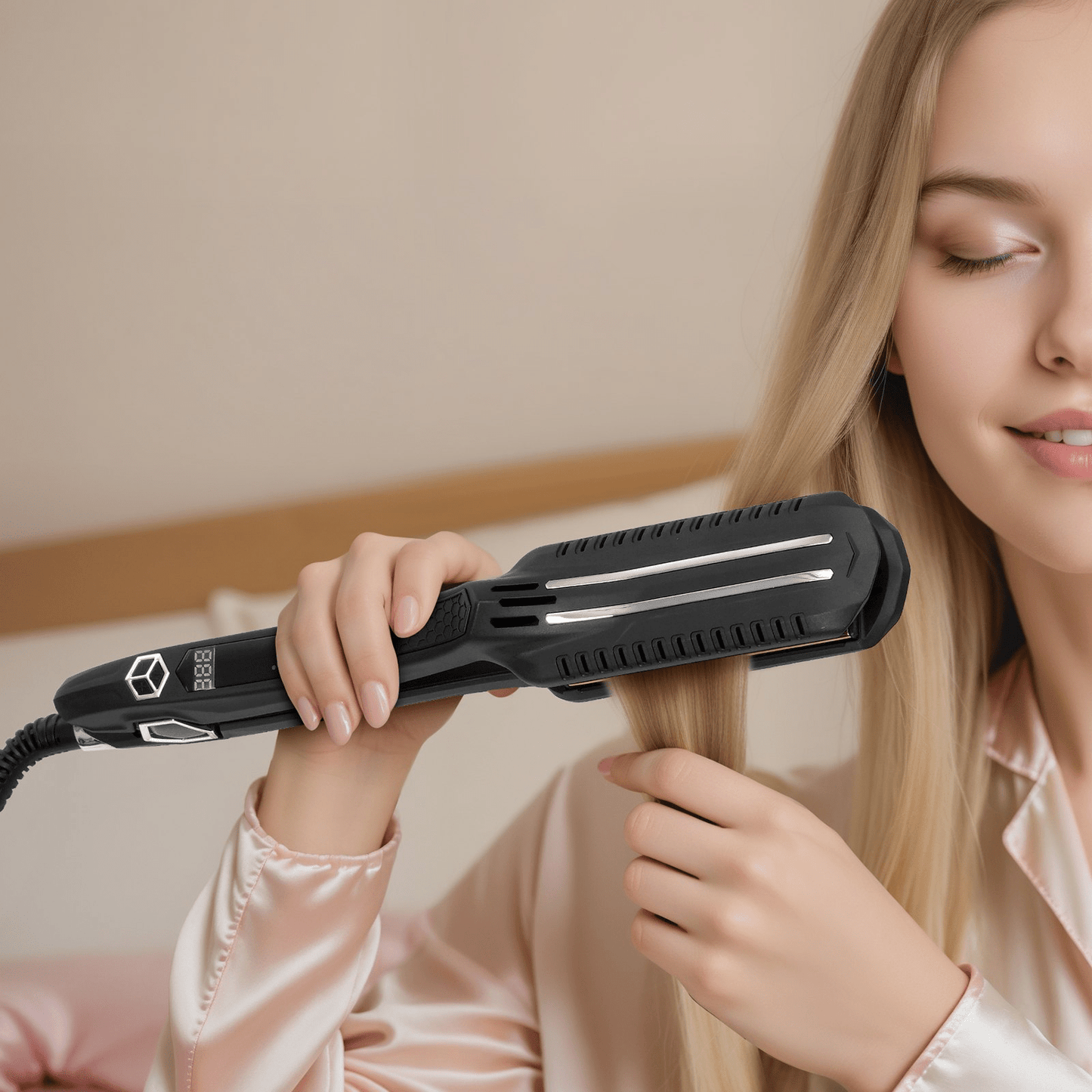 VEVOR Hair Straightener, 1.5-inch Titanium Flat Iron, Dual Infrared Hair Straightener Flat Iron with LCD Display and 19 Temp Levels - 210°F to 450°F, Dual Voltage 110V/240V for Salon Home Travel Use