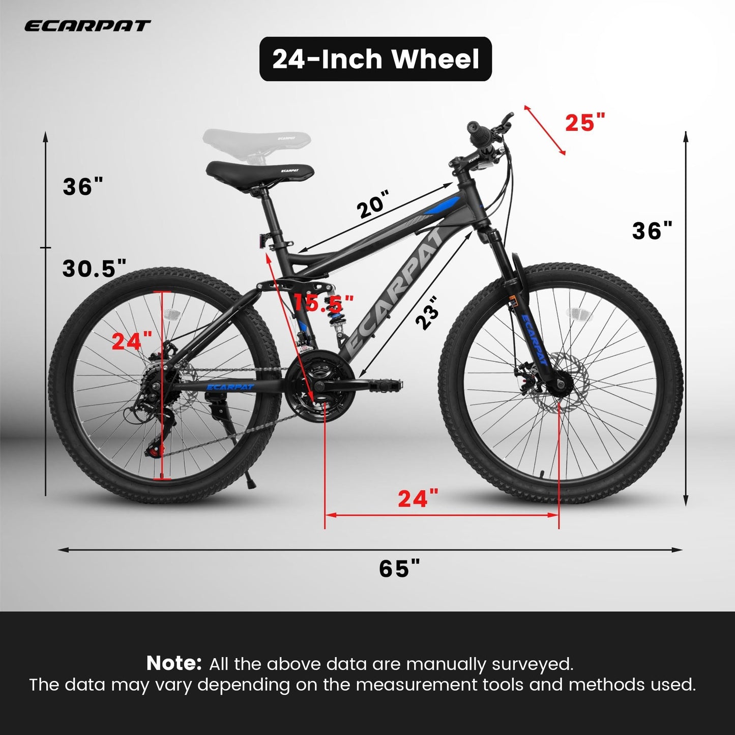 A2460 24 Inch Mountain Bike with Full Suspension, 21 Speed Grip Shifters, High Carbon Steel Frame, Mechanical Disc Brakes, Unisex for Men/Women/ Adults, Ideal for Trails.