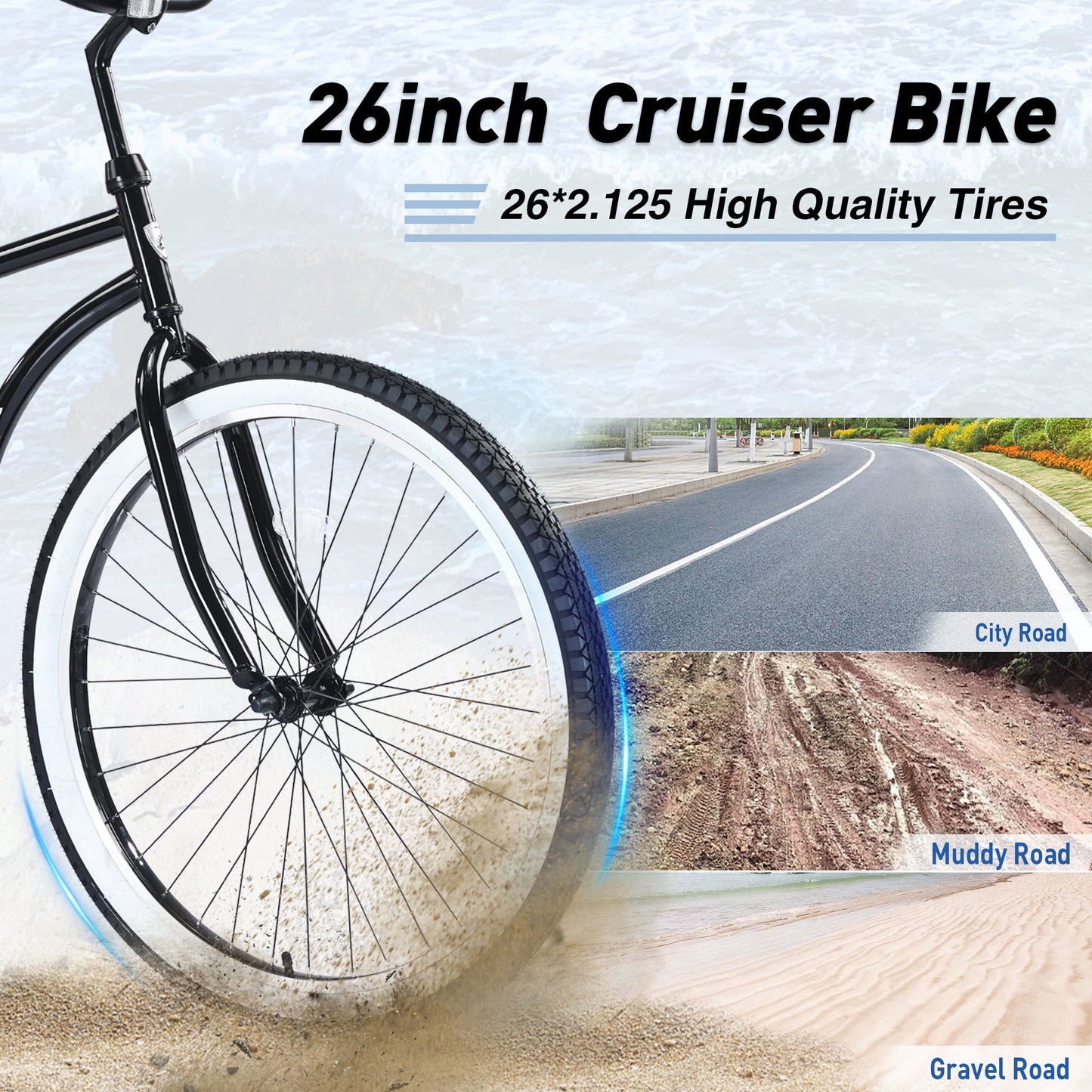 Single Speed Bicycles 26'Inch,Steel Frame, Wide Wheels for Stability, Rear Coaster Brakes,Multiple Colors Men's Beach Cruiser Bike