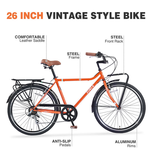 7 Speed, Steel Frame, Multiple Colors 26 Inch Vintage Style Bike,Retro Commute Bike for Women and Men