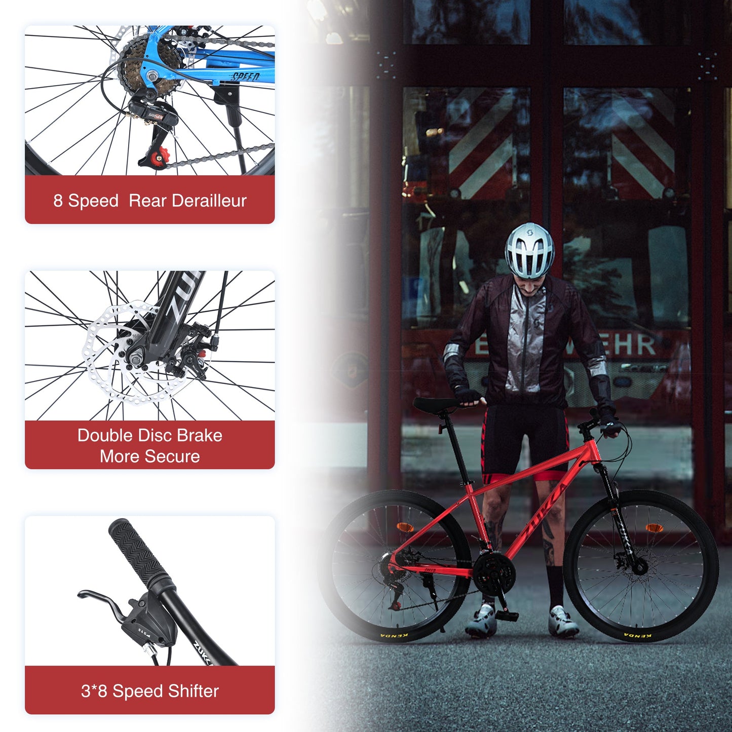 Mountain Bike for Men and Women 26 inch 24 Speed Suspension Fork KENDA Tires