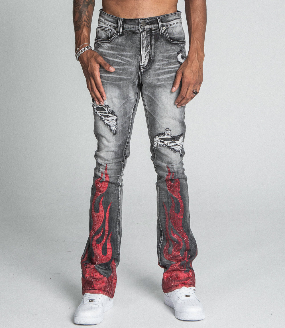 AJ23SK FLAME RHINESTONE STACKED JEANS