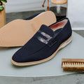 11-020-NVY MEO 3 Sueded Goatskin Penny Loafer, Navy