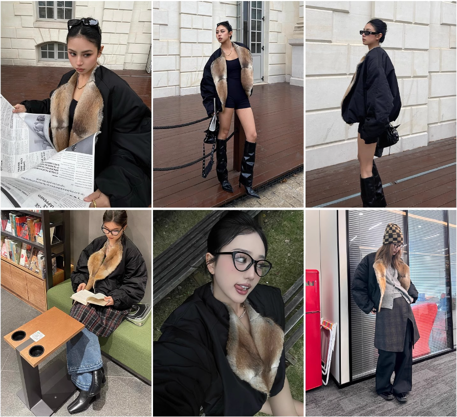 Hull Contract Colorblocked Fur Round Neck Short Parka Jacket