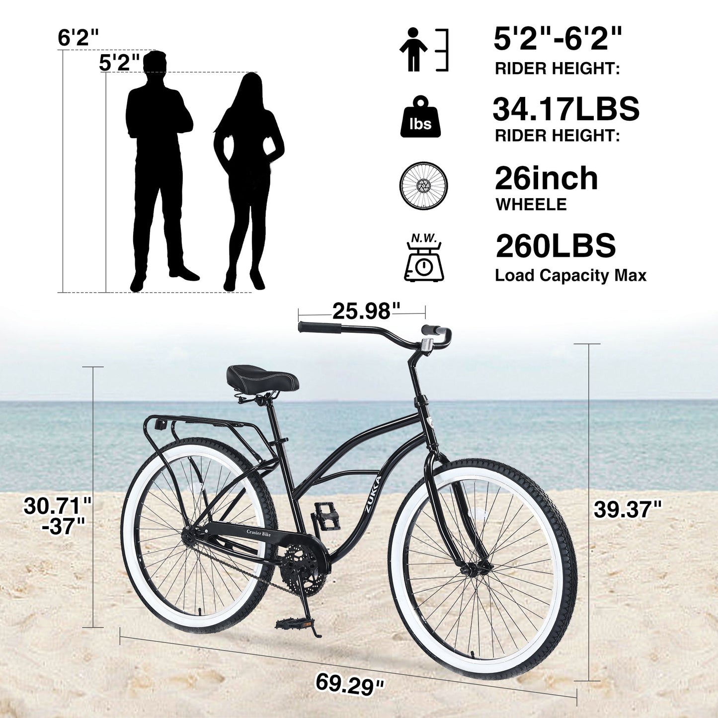 Single Speed Bicycles 26'Inch,Steel Frame, Wide Wheels for Stability, Rear Coaster Brakes,Multiple Colors Men's Beach Cruiser Bike