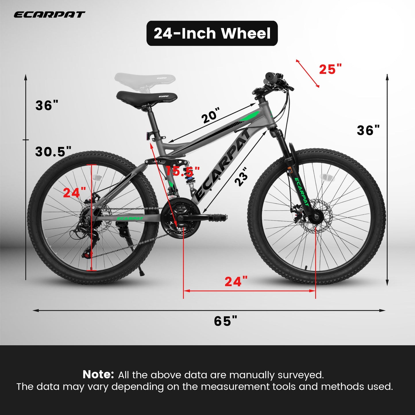 A2460 24 Inch Mountain Bike with Full Suspension, 21 Speed Shifter Lever with Gear Indicator, High Carbon Steel Frame, Mechanical Disc Brakes, Unisex for Men/Women/ Adults, Ideal for Trails.