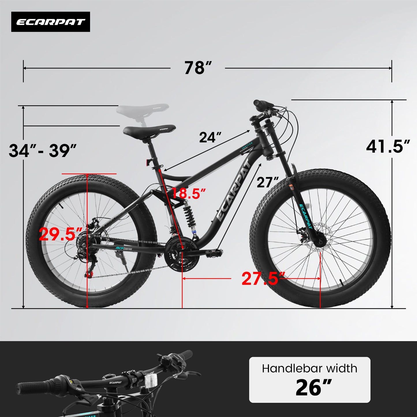 A26309 26 inch Mountain Bike,Full-Suspension 21 Speeds Drivetrain with Disc-Brake MTB Bicycle, 26*4' Fat tire Bike for Men